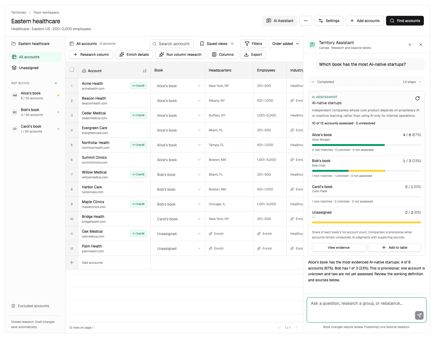 Territory Builder workspace with AI assistant analyzing account books