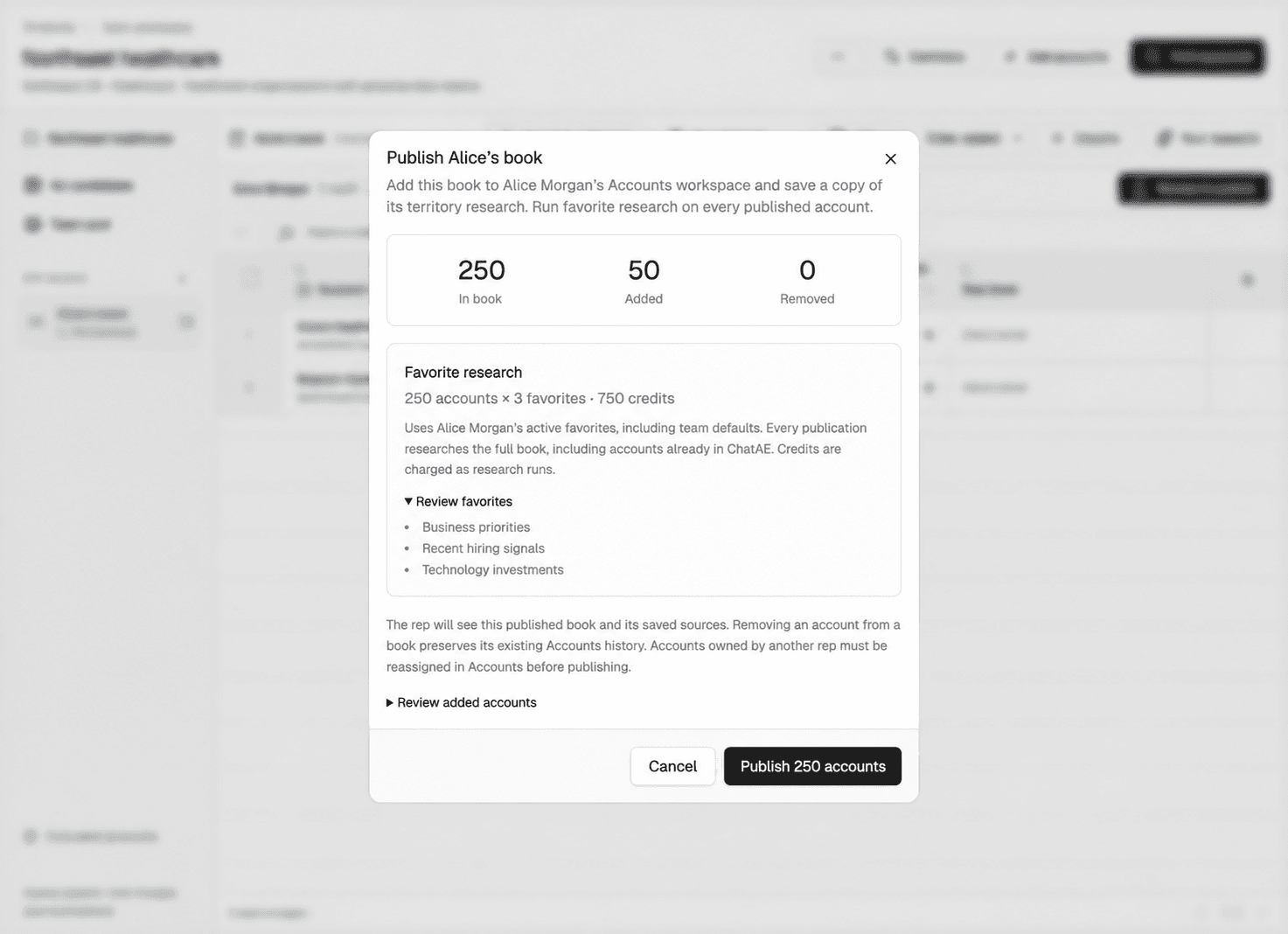 Publish dialog with favorite research triggers