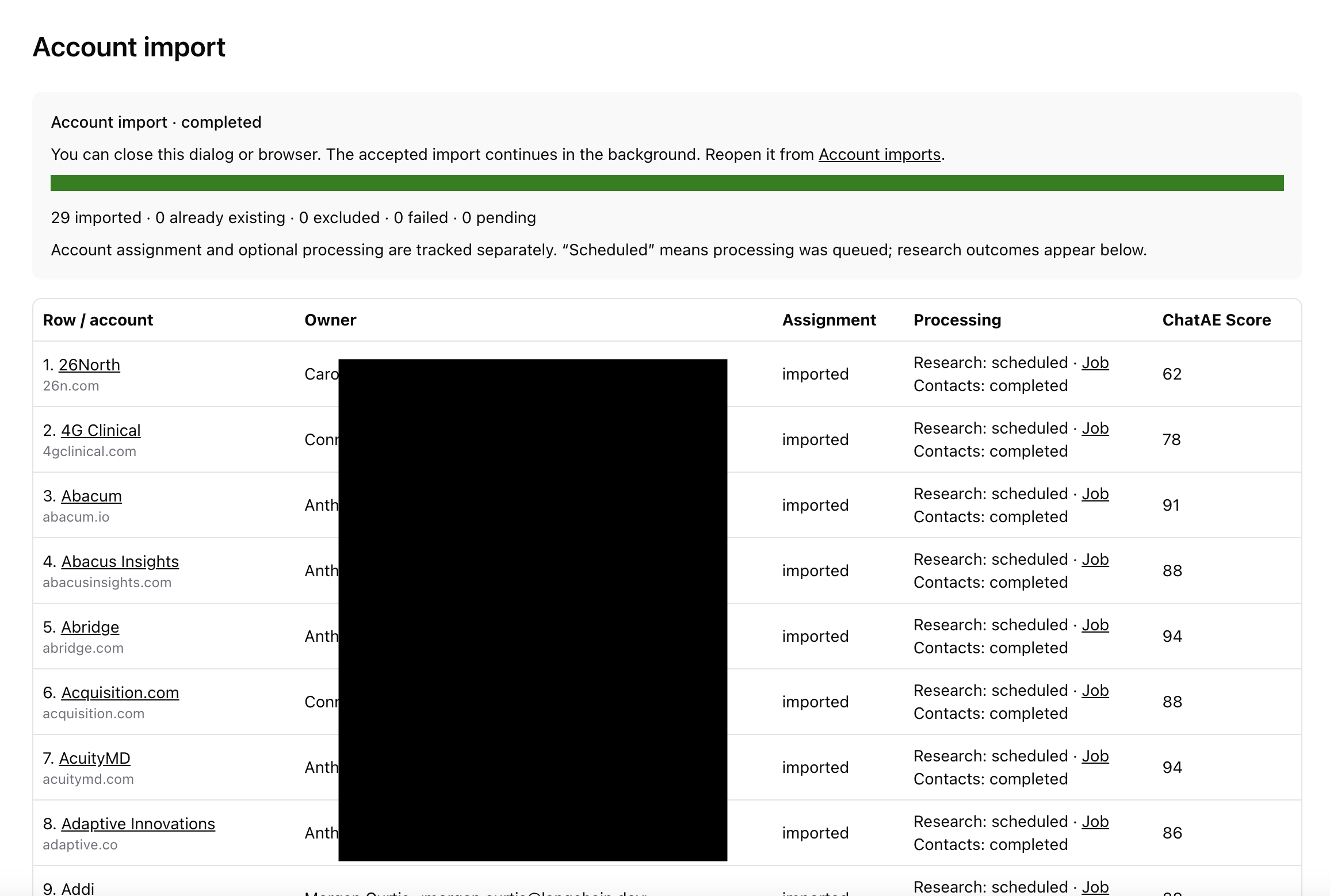 Account import results with scores and processing status