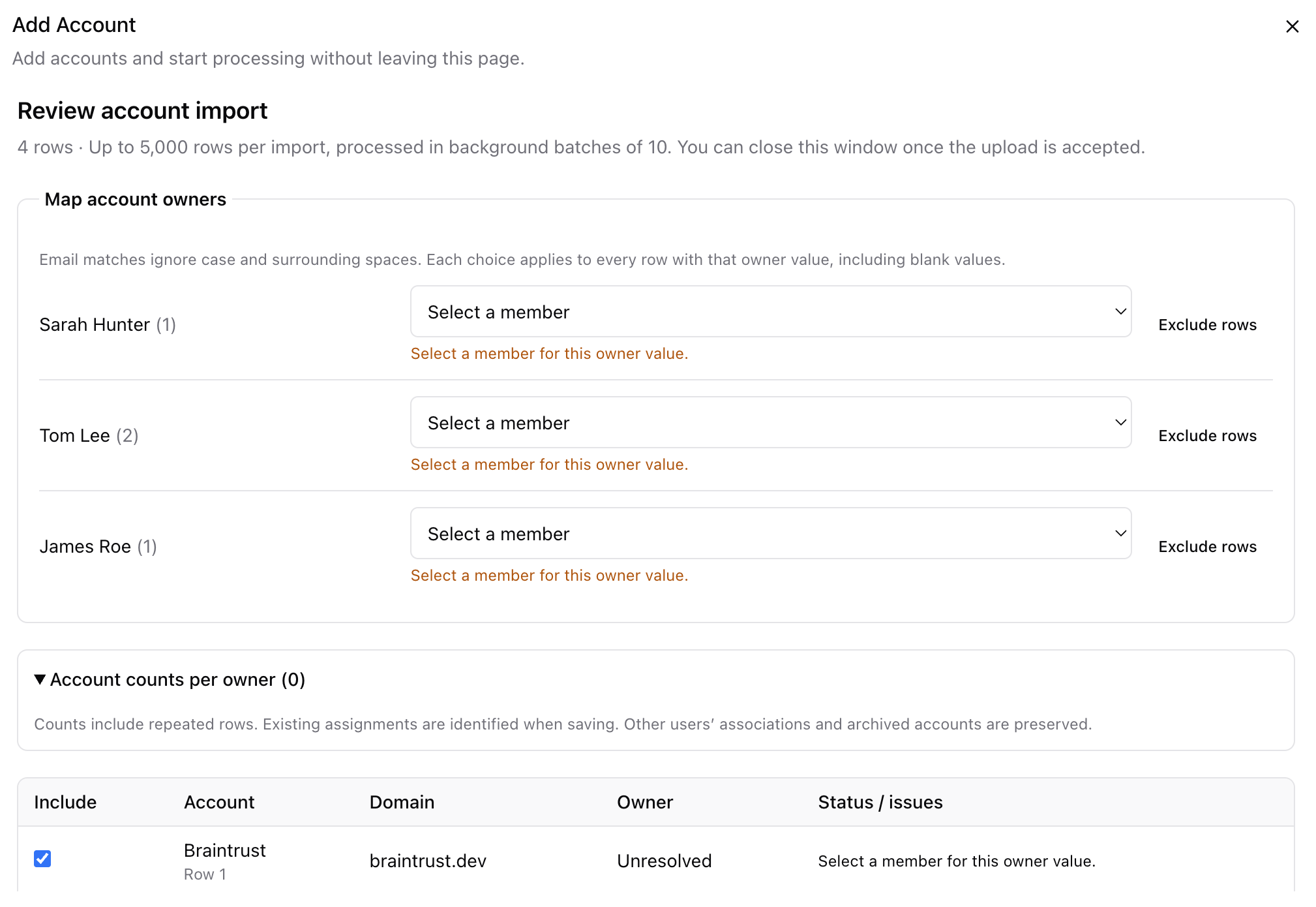Map account owners during CSV import