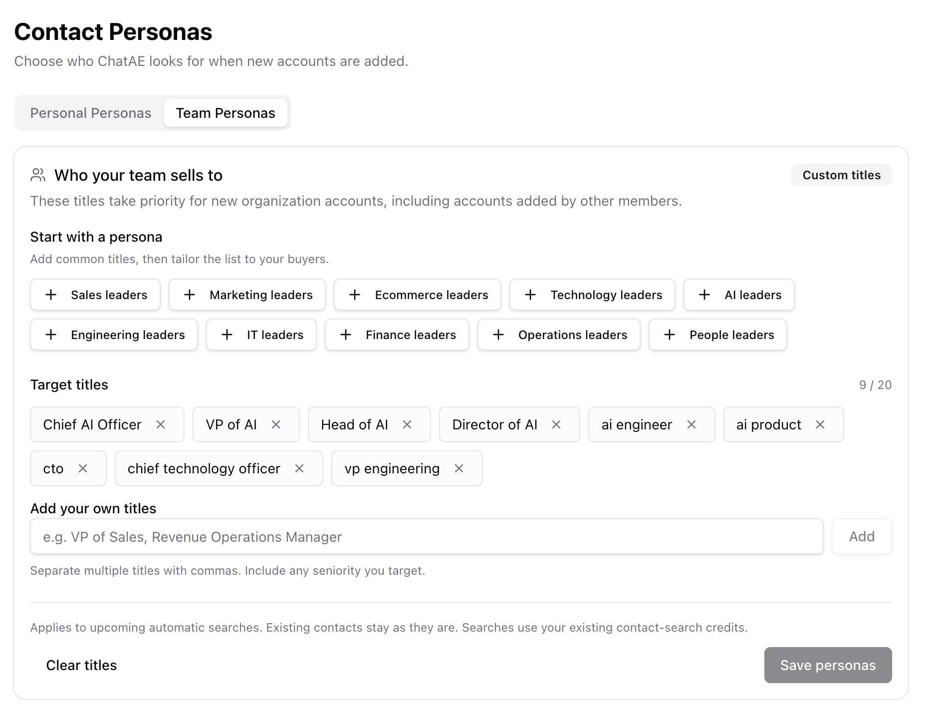 Contact Personas settings with presets and custom titles